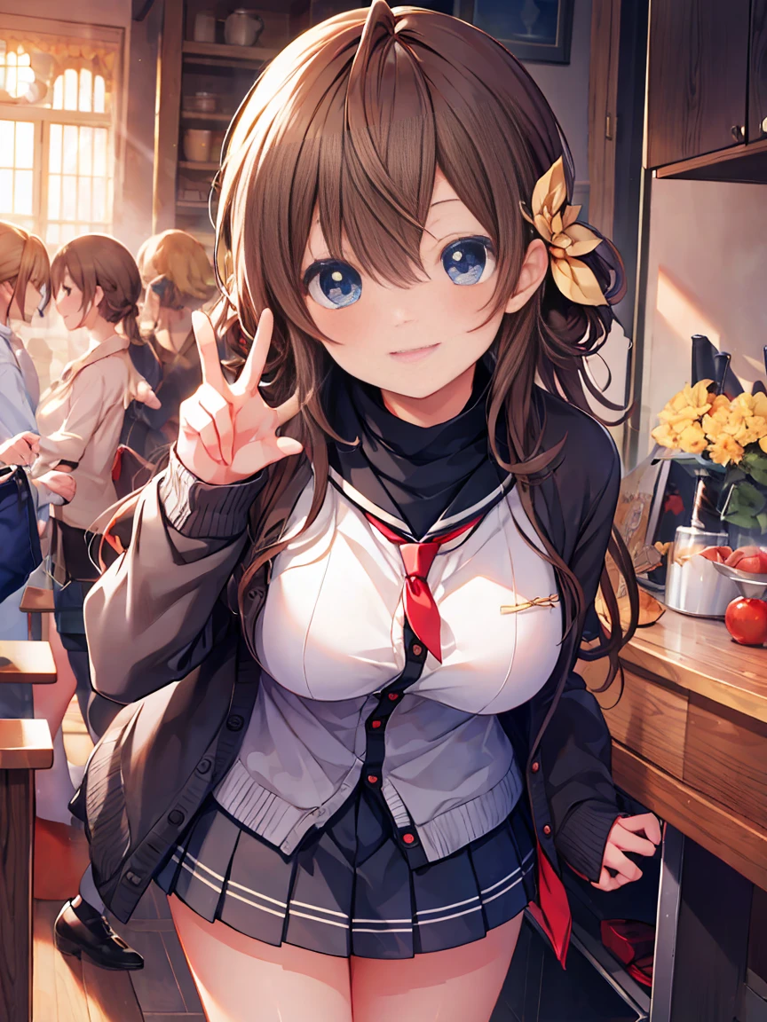 Smile,best Smile,double Peace,cardigan,miniskirt,masterpiece,best quality,ultra detailed,high resolution,extremely detailed CG, (perfect hand),