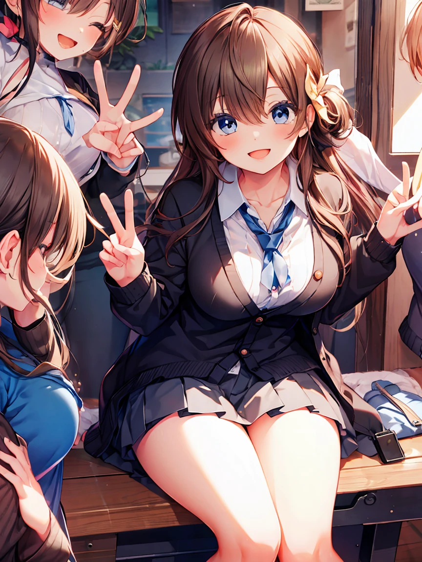 Smile,best Smile,double Peace,cardigan,miniskirt,masterpiece,best quality,ultra detailed,high resolution,extremely detailed CG, (perfect hand),