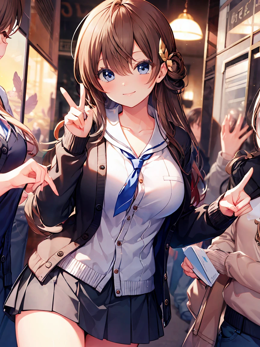 Smile,best Smile,double Peace,cardigan,miniskirt,masterpiece,best quality,ultra detailed,high resolution,extremely detailed CG, (perfect hand),