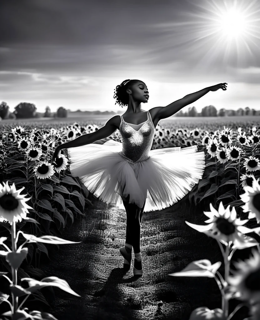 Black woman ballerina dancing in a field of sunflowers, black and white image with only the sunflowers in colour, sunlight shining a beautiful low light in the cinematic scene.