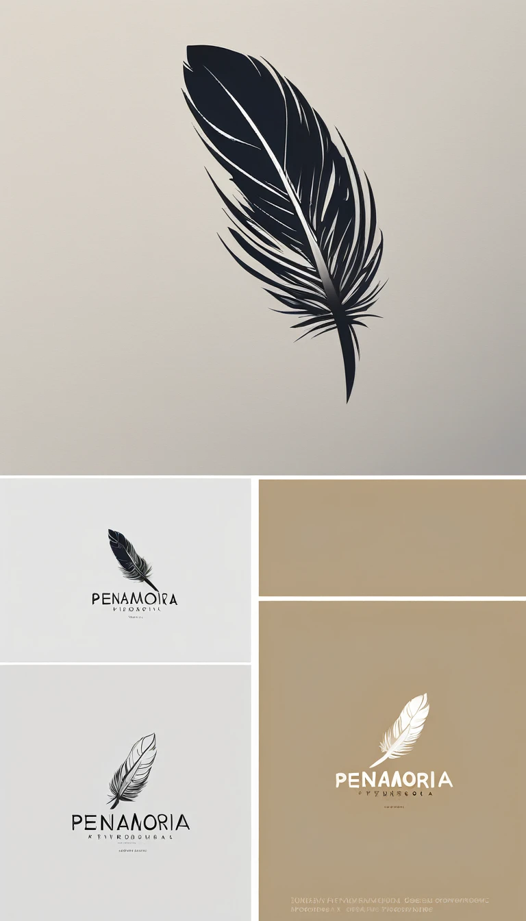 A minimal, modern, simple, cinematic logo design for the brand “Penamemoria". Create a modern, minimalistic, high-quality, logo of a bird feather