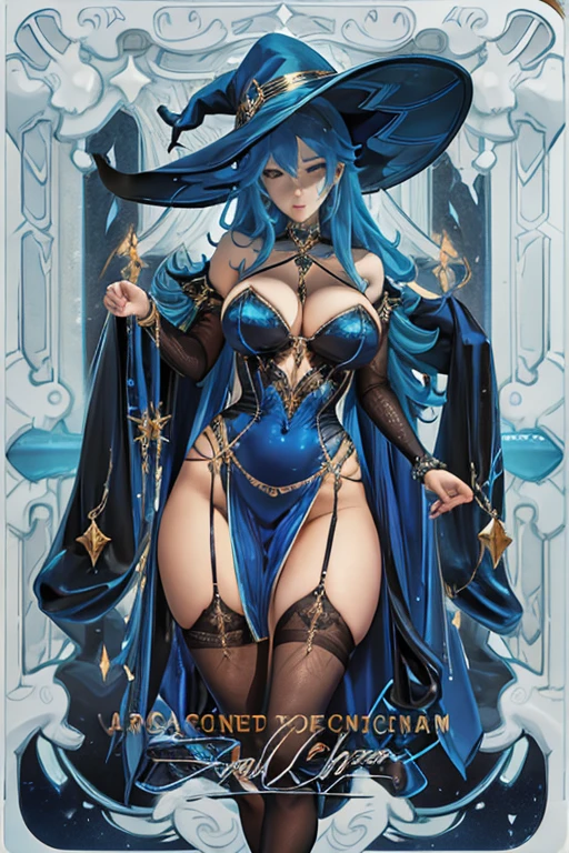 witch with big breasts sexy pose metallic blue sexy dress trading card style