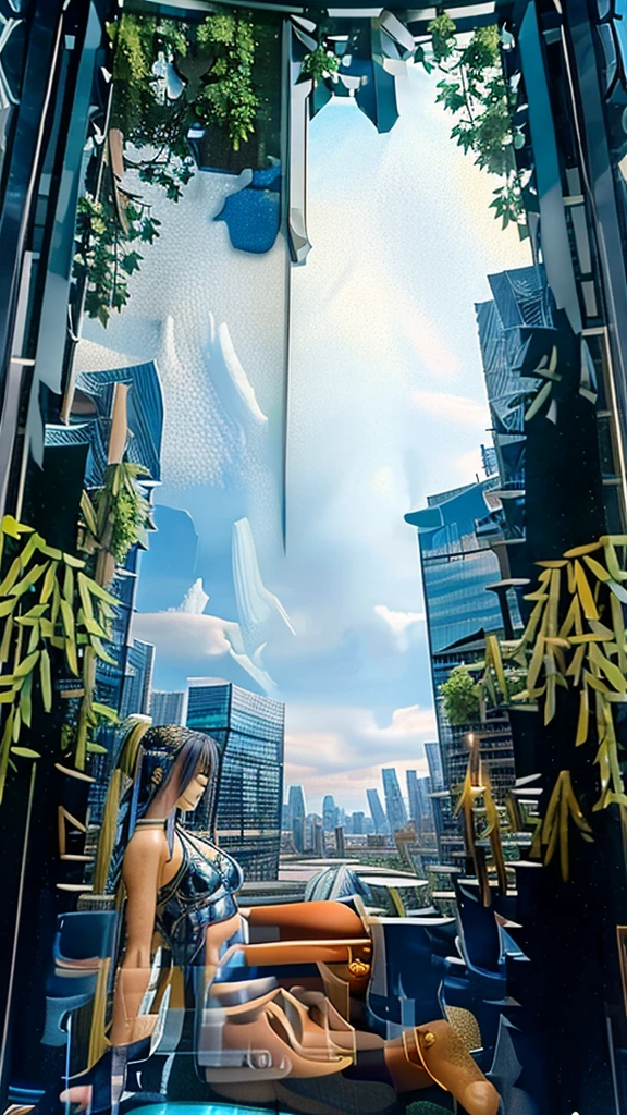 (masterpiece,Highest quality:8K) A fantastical and futuristic hotel scene。Floating Suite、Floor-to-ceiling panoramic windows offer views of the galaxy。The interior is luxurious and modern、Iridescent interior、Elegantly curved furniture。In the center is a large holographic fountain.、A virtual reality garden surrounds the area.。Interactive wall displays in the rooms、Personalized service with AI。The pool has a transparent floor、A magnificent cityscape unfolds below。