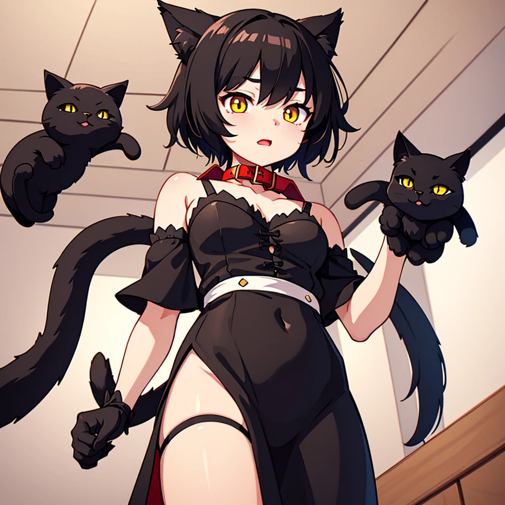 Has black cat ears and a cat tail。Two little  lying on the bed，Has short black hair，The eyes are green，Wear white stockings on the legs，revealing breasts