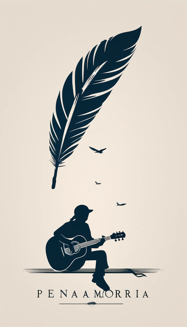 A minimal, modern, simple, cinematic logotype for the brand “Penamemoria". The logotype must be a simple, magical feather and a boy playing acoustic guitar. The logo must convey a sense of music, stories and dreams. Logo design impressed on a book cover. Minimalistic logo
