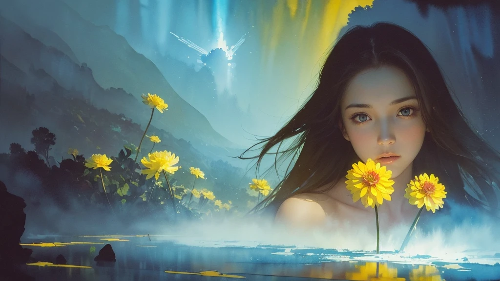 32k, Masterpiece, Highest quality, One girl, Brown Hair, Detailed eyes, flower,Dahlia, Light blue and yellow style,A dreamy, romantic piece,Pale yellow, Mysterious Leaves,A playful arrangement,Fantasy,High Contrast,Ink strokes,explosion,Exposure, Impression of light blue and yellow tones,Abstract,((Watercolours by John Berkey and Jeremy Mann )) Brush strokes,Negative Space, Tyndall effect,
