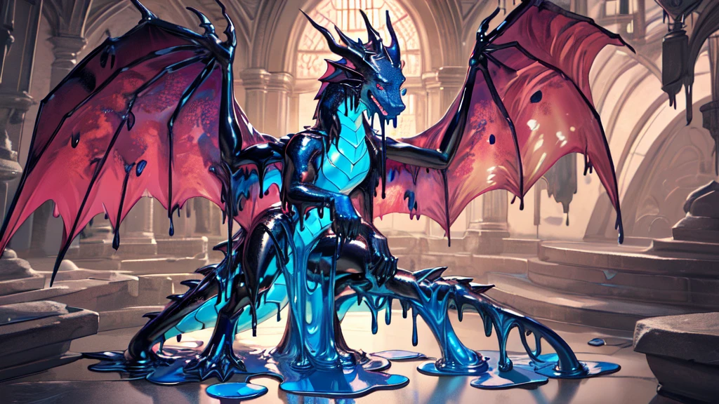 (Best Quality), (Masterpiece), detailed full body picture, Female, digitigrade, (tail), (mid transformation:1.9), looking at viewer, (human), 3d, explicit content, natural breasts, high resolution, red anthro dragon, goo, goo transformation, transformation art, goo dragon merging with a human, use a variety of colours, merge, former human fascinated with their new body, detailed eyes, slitted pupils, goo takeover, not cropped out, only partially transformed, bigger eyes, 4k quality, hands seperate from wings, beautiful eyes, dragon goo possessing a woman, standing, PoV
