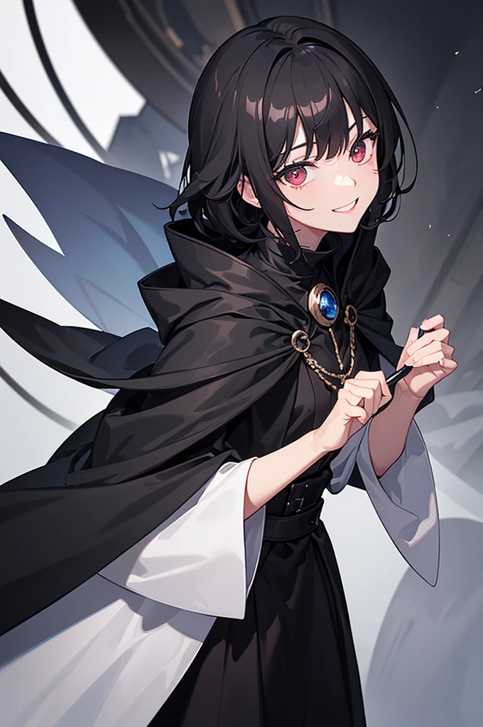 (Absurd, High resolution, Ultra-detailed), masterpiece, Highest quality, A man wearing black clothes and a black cloak, Has a black hole ,Holding a black hole in hand , 公式characterアート, short hair, Black Hair, Black red glowing eyes, Finely grained, Spiky Hair, City in Ruins, Dark Background, Black Swirl, Black swirl, Looking up from below, Looking up, Grin, character