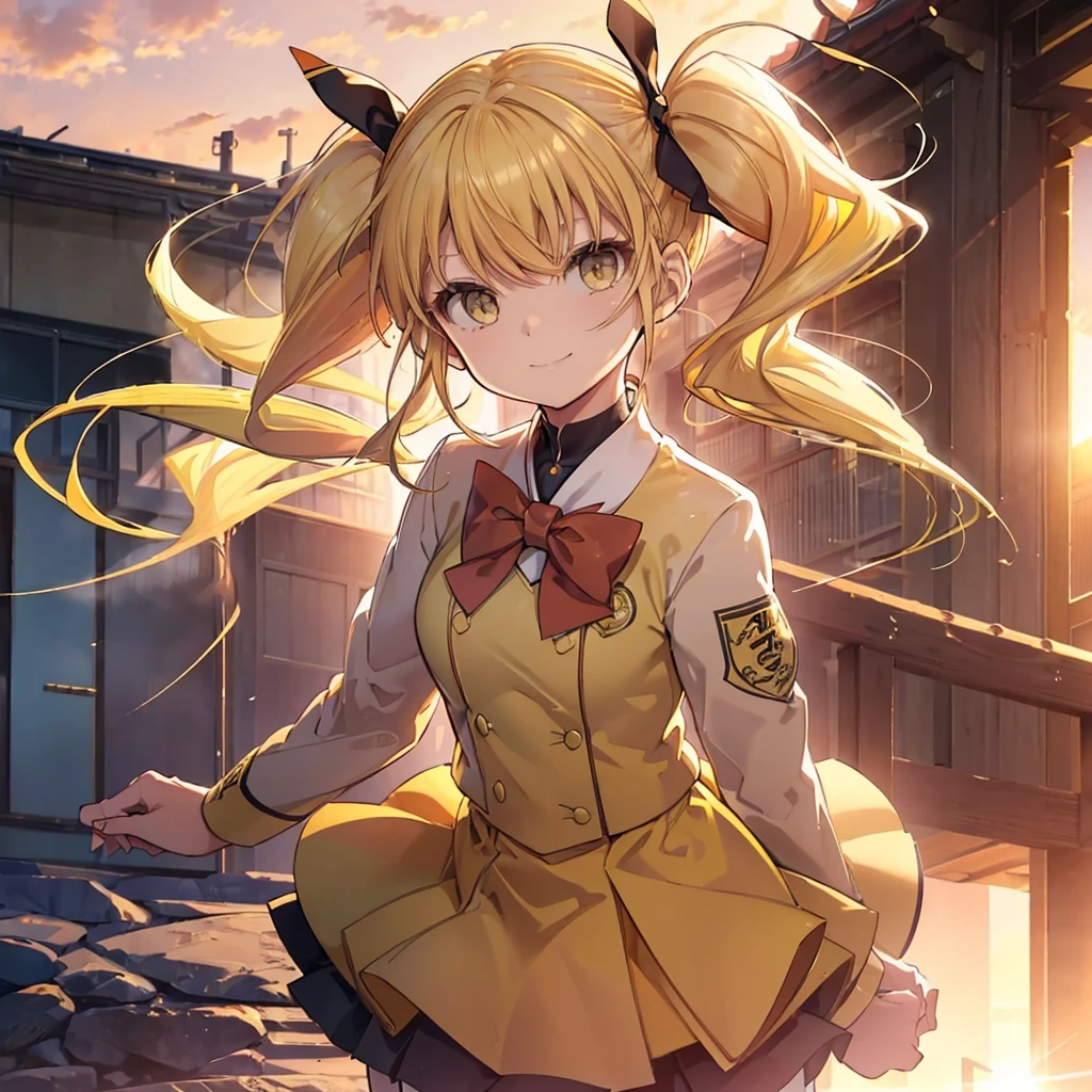 (((Shinomiya Kikoru)))　((Yellow Hair　Twin tails　uniform))　(smile　Jump)　sunset　Shining Background　Shining Edge