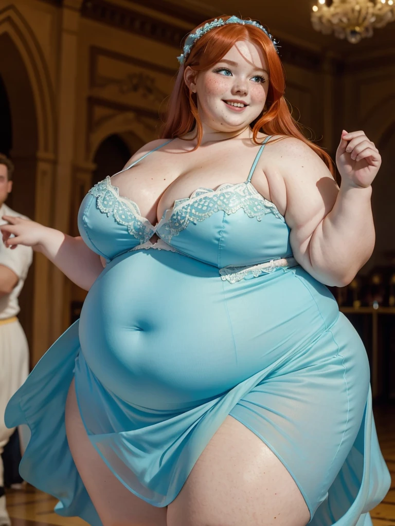 A Happy photo of a young beautiful redhead bbw with soft fat belly, wide fat obese hips, thick fat legs and fat arms, cute pretty face, small breasts, blue eyes, freckles, in a covering long dress in a baroque dancing hall