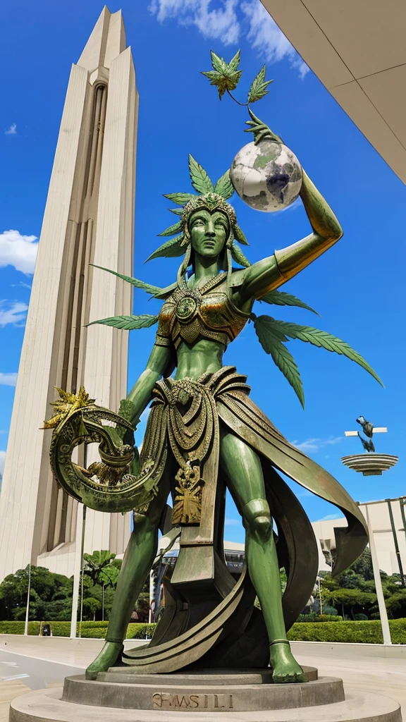 the sculpture of the goddess of justice Temis, holding the globe with a map of Brazil in her right hand and a Cannabis leaf in her other left hand