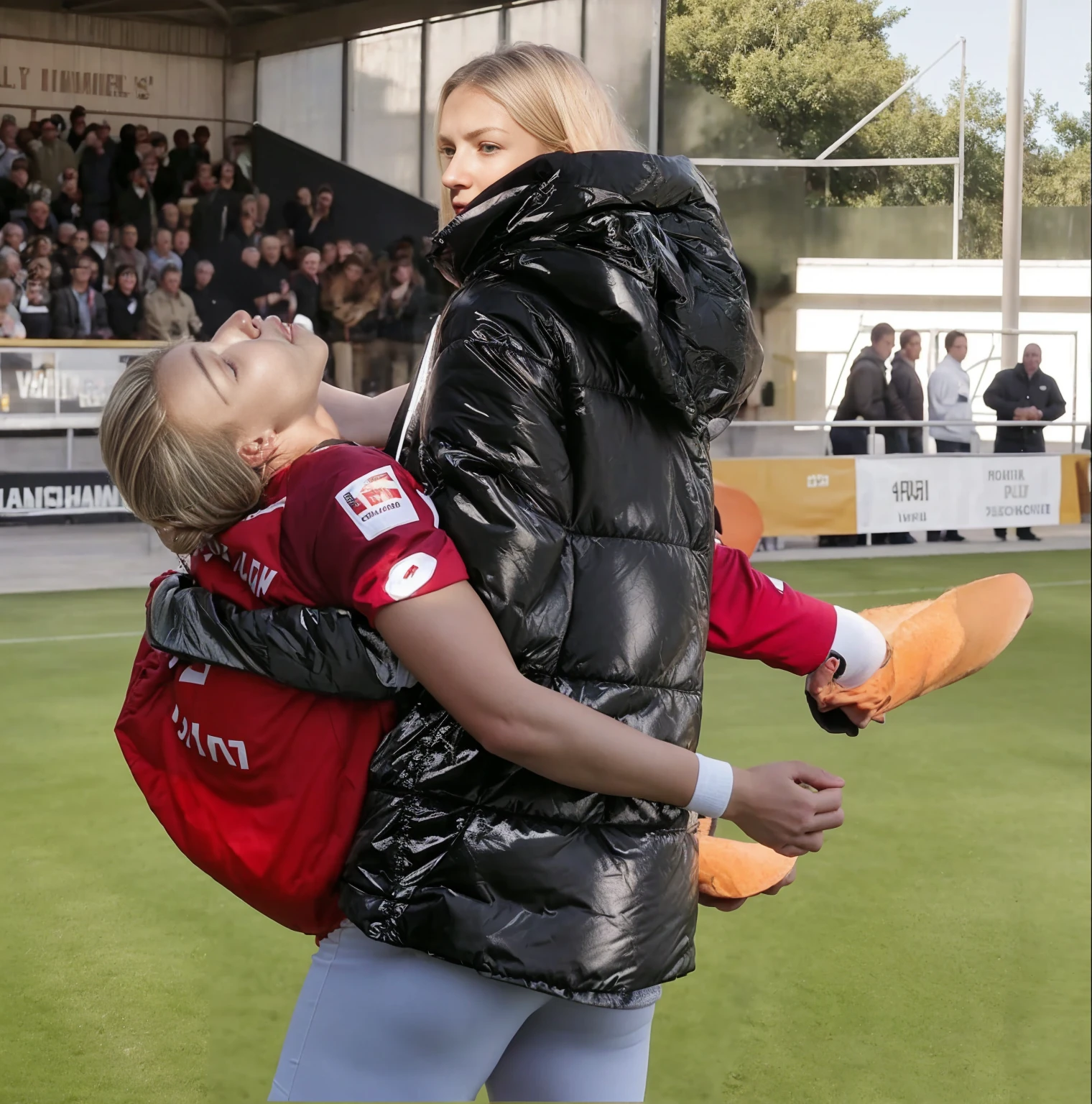 In the center of the picture stands with her back to us a blonde young woman in a very shiny black quilted coat, the woman in the black quilted coat stands on the playing field of a crowded sports hall, the woman in the shiny quilted coat turns her back to us and is holding a man in front of her in short and very dull sportswear in her arms, the blonde woman in the quilted coat carries an injured athlete away from us, to the left of the blonde woman's back you can see the athlete's male legs hanging over the woman's arm, to the right of the blonde woman's back you can see In profile you can see the upper body and head of the injured man whose gaze is distorted in pain and directed upwards towards the ceiling, the athlete's husband on the right grabs the blonde woman's shoulder with his arm, very painful scene, sports injury, severe pain, a woman is carrying one man on the arm, a man is injured and has to be carried, compassion, photo, ultra-realistic shot, sports photography