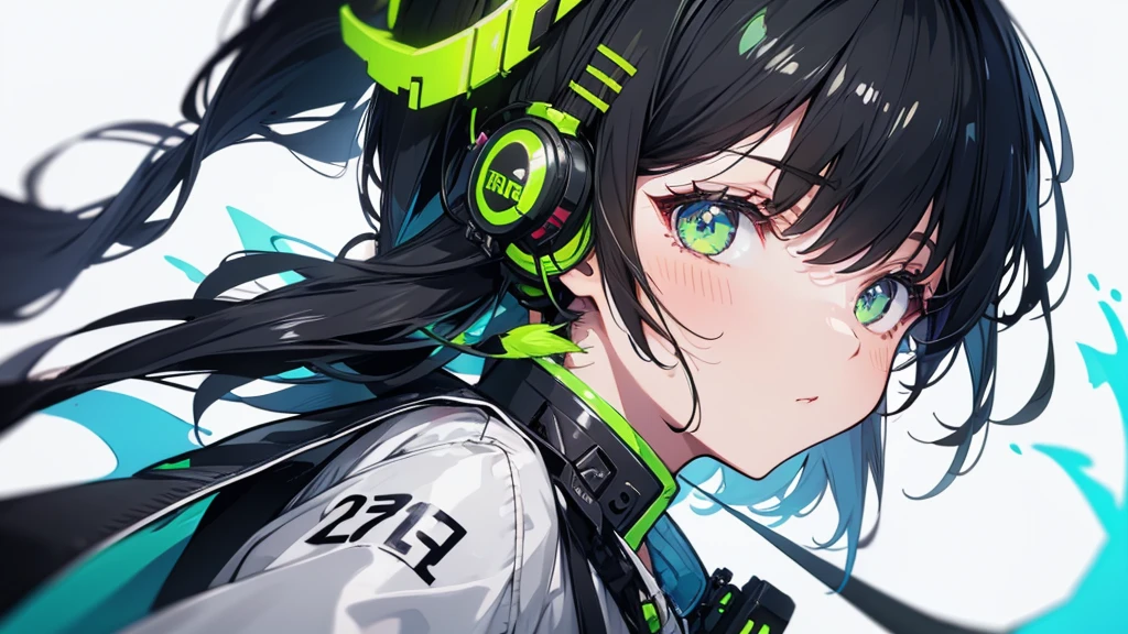 Girl wearing headphones。Black hair with green tips。