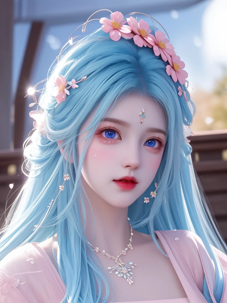 best quality, masterpiece, High target, There is a girl with a basket of flowers on her head, Big breast beauty，Very sexy，beautiful clothes, Hair Decorationss, necklace, Decorations, Pretty Face, When the body, Tyndall effect, Realistic Portraits, Edge lighting, Two-color light, (Very delicate skin:1.2), 8K uhd, Digital SLR Camera, Soft Light, high quality, Volumetric Lighting, Honest, photo, high resolution, 4K, 8K, Bokeh, Sky blue hair，Pink Eyes.