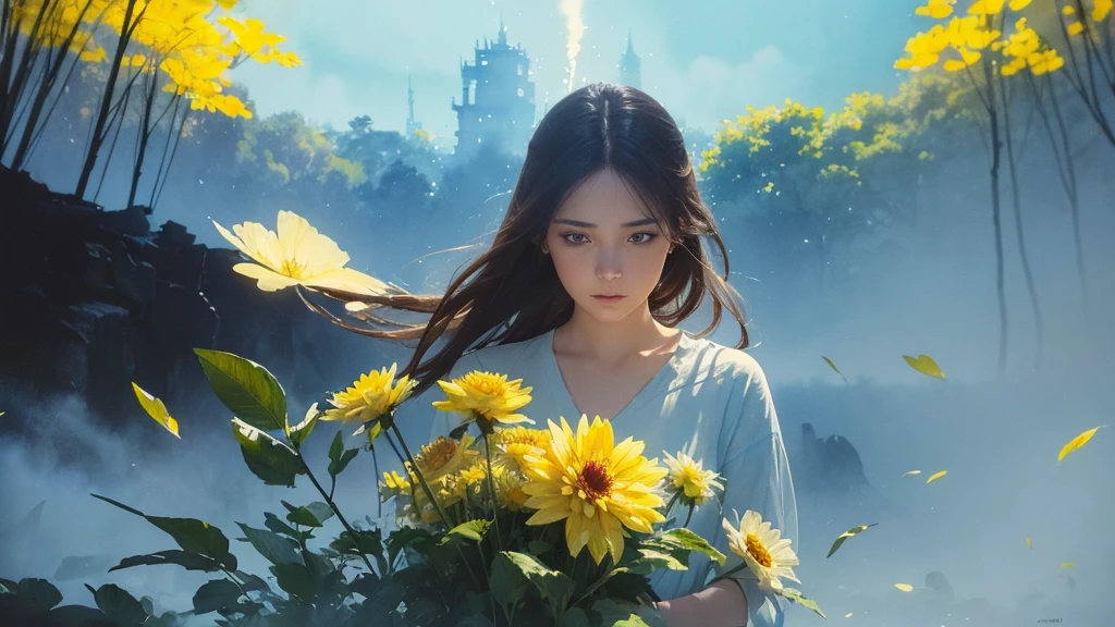 32k, Masterpiece, Highest quality, One girl, Brown Hair, Detailed eyes, flower,Dahlia, Light blue and yellow style,A dreamy, romantic piece,Pale yellow, Mysterious Leaves,A playful arrangement,Fantasy,High Contrast,Ink strokes,explosion,Exposure, Impression of light blue and yellow tones,Abstract,((Watercolours by John Berkey and Jeremy Mann )) Brush strokes,Negative Space, Tyndall effect,