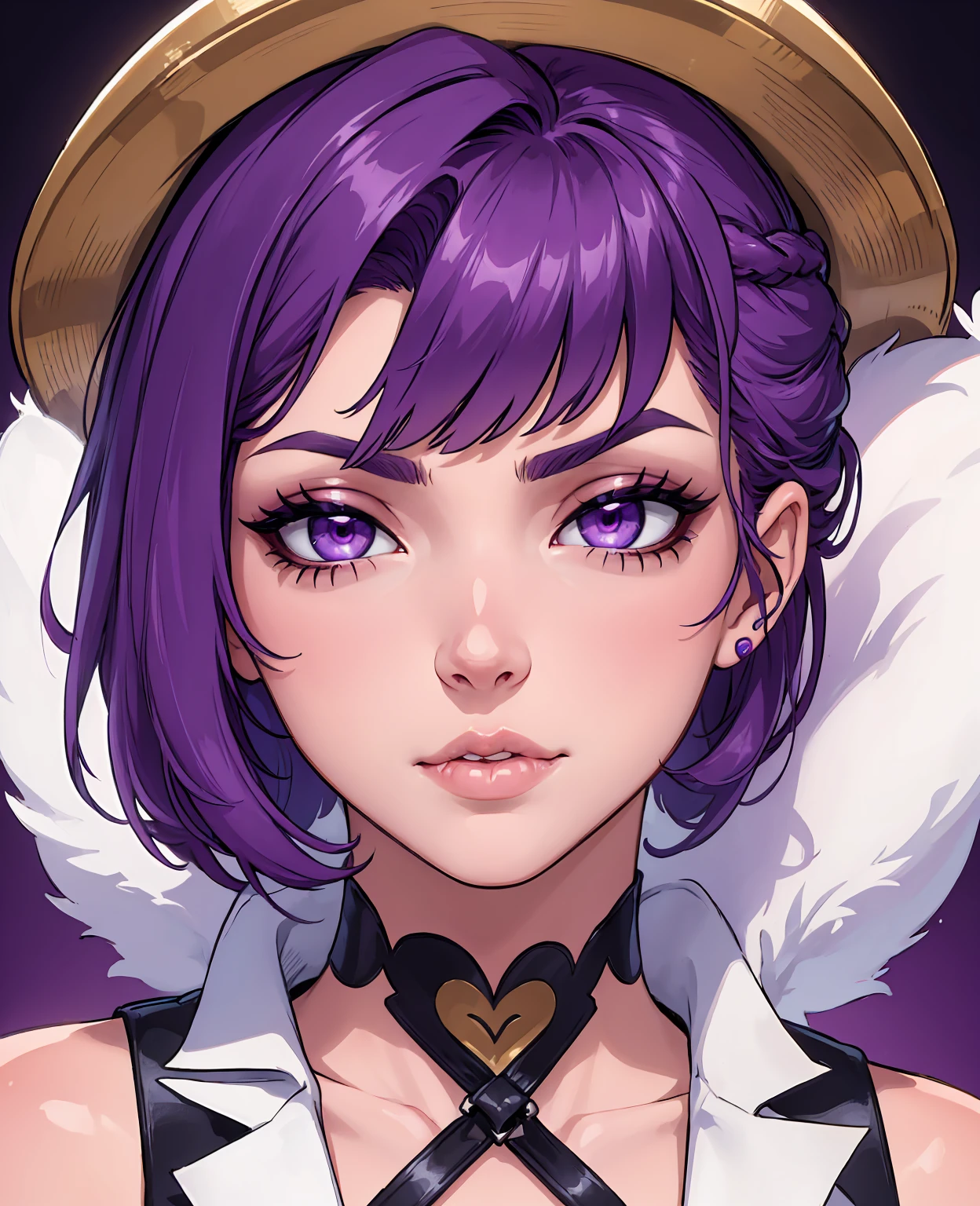 (32k) 16k, 8k, 4k, super fine face, small mouth, lip biting makeup, effeminate, purple hair, purple eyes, high resolution, perfect. Portrait.