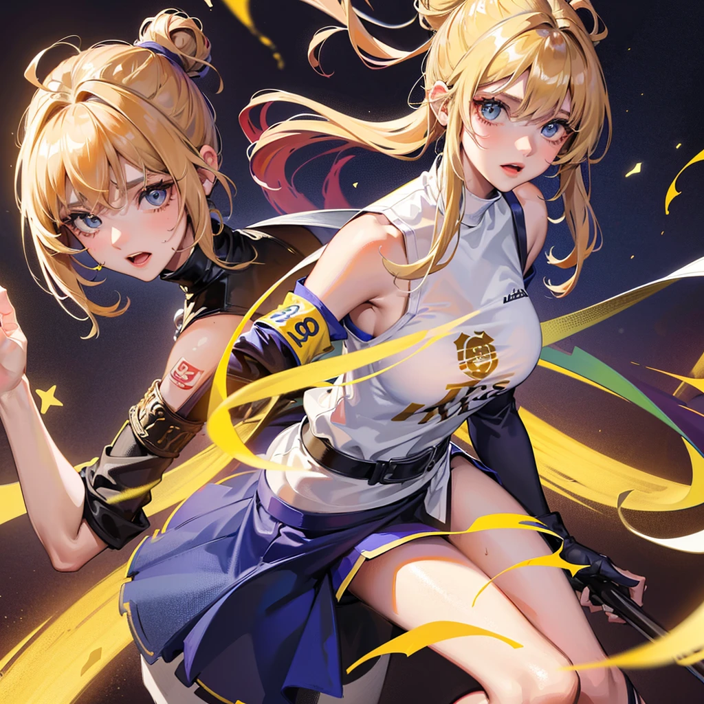 sweat, girl,woman,female, young,20 years old, medium hair, big hair, bangs, topknot, blonde hair, blue eyes, delicate and intricate hair, night, turtleneck, night, she wears a FC Barcelona uniform, she is in Camp Nou Stadium, she is playing football, ((masterpiece)), ((best quality)), (ultra-detailed), ((extremely detailed)), 4K, (8K), best quality, (beautiful) full body, behind back 1.1, number 10, more_details:-1, more_details:0, more_details:0.5, more_details:1, more_details:1.5