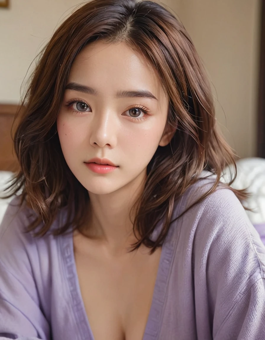 ((Highest quality、8K、masterpiece:1.3))、focus:1.2、Beautiful woman perfect body:1.4、fit body、((Bob Hale、Straight hair:1.2))、(to be born, Highest quality, masterpiece:1.5), (Realistic, Intricate details:1.2) 、sleepy face, sleepy, Beautiful Face, dark brown eyes, medium long hair, messy natural hair, ((small breast}), Bright skin, Kodak film fine grain, High Contrast, back lighting ,Moist Body:1.5、detailed eyes、[Brown Hair]、messy hair, just wake up, on bed, messy bed, purple blanket, sleep wear, dress, cozy, girly bed room, morning, warm sunshine
