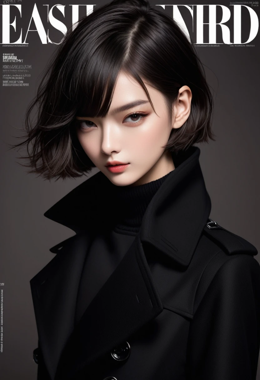 Magazine design,Fashion magazine cover,Black woolen trench coat,Short hair girl,Handsome