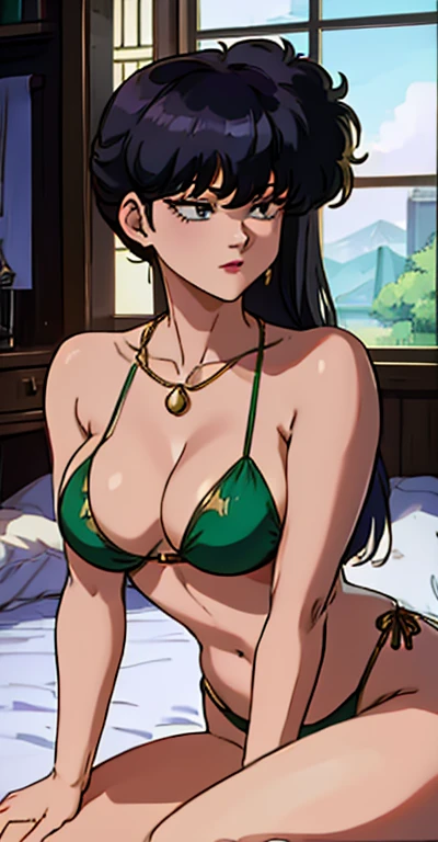 KodachiKunou, A gentle face、armored green bikini、Side Tail、Gold Necklace、valley、8K, high resolution、palace、whole body、Fantasy、Sitting on the bed