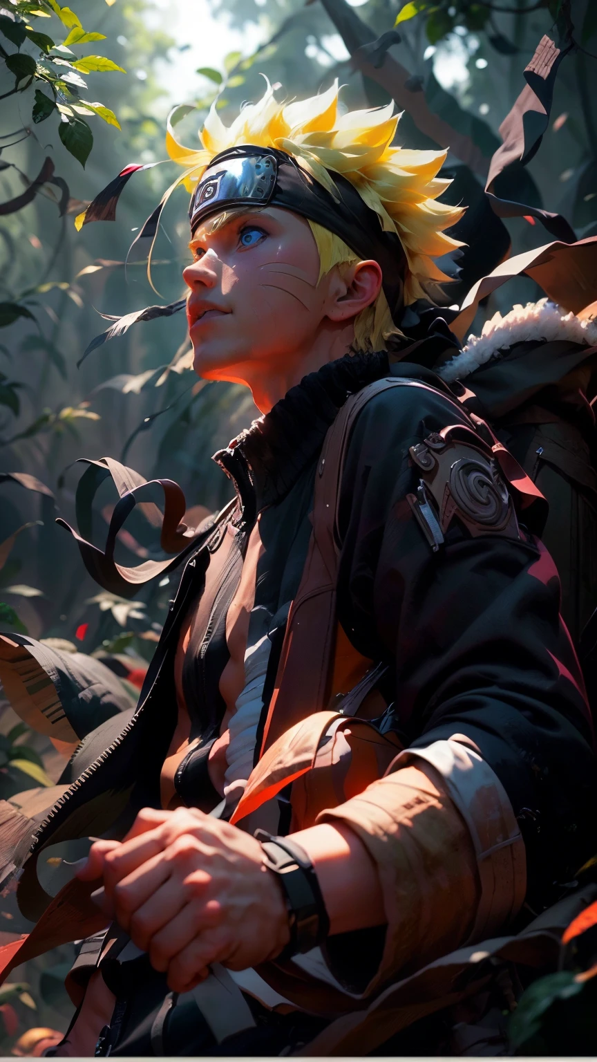 (best quality), (masterpiece), ultra-detailed, 1boy, uzumaki naruto, epic pose, action, particle effects, long sleeve, emphasis lines, movement lines, full body of naruto uzumaki, masterpiece, best quality, full detailed, 1boy, handsome, male, looking at viewer, naruto, Detailed blue eye,yellow hair, konoha realistic detail leaf headband, eye realistic, realistic eye brow, nose realistic, mouth realistic,skin realistic, face realistic, head realistic, body realistic, background art cinematic, backpack, big eye sharp, photorealistic, photoshoot, only three line in face, naruto uzumaki dress code. electricity , aura, conbat in the forest vs samurai 1.4 , combat in the forest bamboo