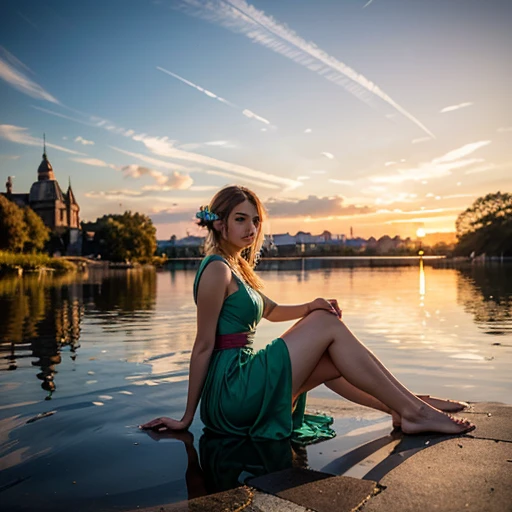 A beautiful young elf, dressed in an elegant bright multicolored dress, long and pompous. She is sitting on the shore of a magical lake with crystal clear water... his feet are in the water. With the backdrop of a beautiful sunset that highlights the figure of the elf and her beautiful face., You can also see an elven palace that appears to be made of glass under the reflection of sunlight.., the image evokes a couple, tranquility and beauty, hyperdetailed, Luz outfit, real lights and shadows.