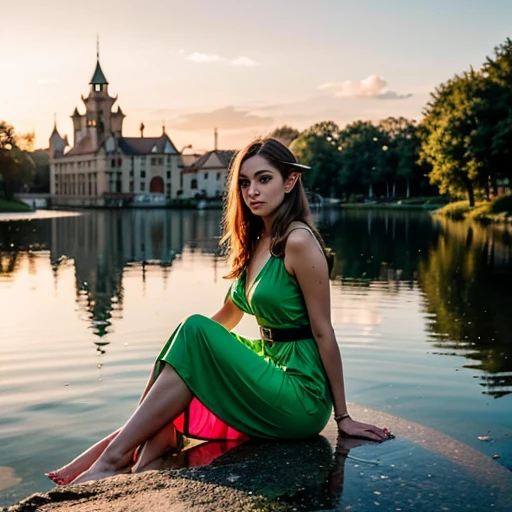 A beautiful young elf, dressed in an elegant bright multicolored dress, long and pompous. She is sitting on the shore of a magical lake with crystal clear water... his feet are in the water. With the backdrop of a beautiful sunset that highlights the figure of the elf and her beautiful face., You can also see an elven palace that appears to be made of glass under the reflection of sunlight.., the image evokes a couple, tranquility and beauty, hyperdetailed, Luz outfit, real lights and shadows.