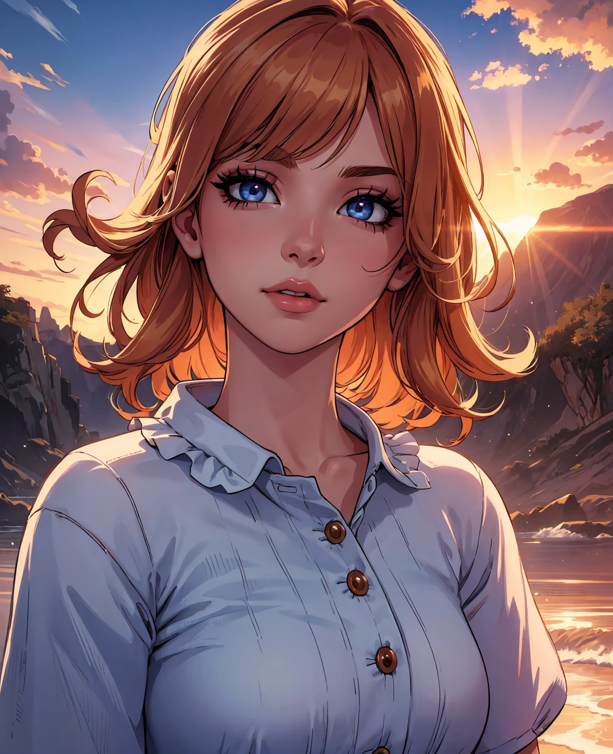 masterpiece, best quality, 4k, 8k, highres, ultra-detailed, realistic, photorealistic, photo-realistic:1.37, movie still, 1girl, beautiful detailed eyes, beautiful detailed lips, extremely detailed eyes and face, long eyelashes, cloud girl, floating in the sky, close-up, bright, happy, warm soft lighting, sunset, (sparks:0.7), vibrant colors, cinematic, dramatic lighting
