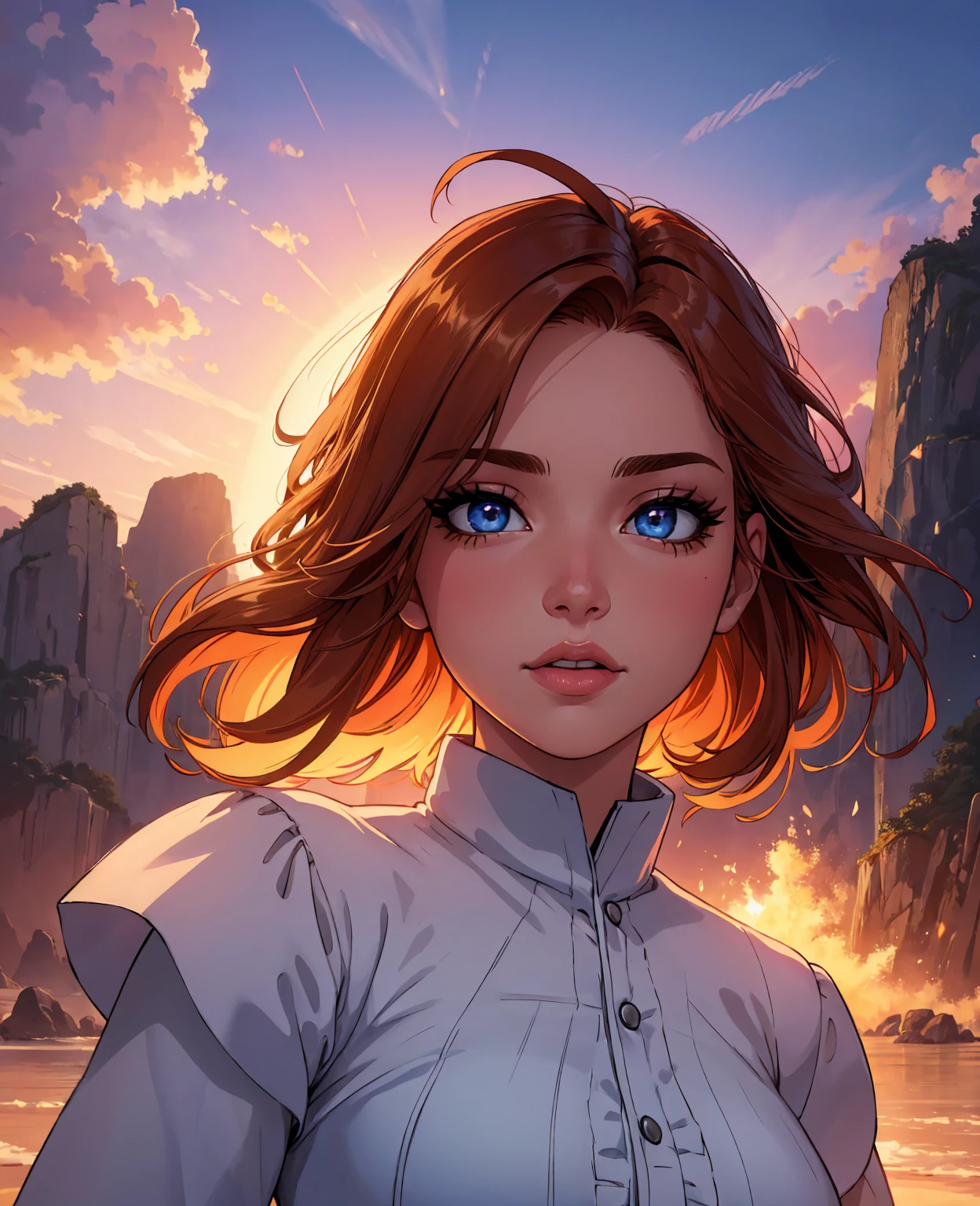 masterpiece, best quality, 4k, 8k, highres, ultra-detailed, realistic, photorealistic, photo-realistic:1.37, movie still, 1girl, beautiful detailed eyes, beautiful detailed lips, extremely detailed eyes and face, long eyelashes, cloud girl, floating in the sky, close-up, bright, happy, warm soft lighting, sunset, (sparks:0.7), vibrant colors, cinematic, dramatic lighting