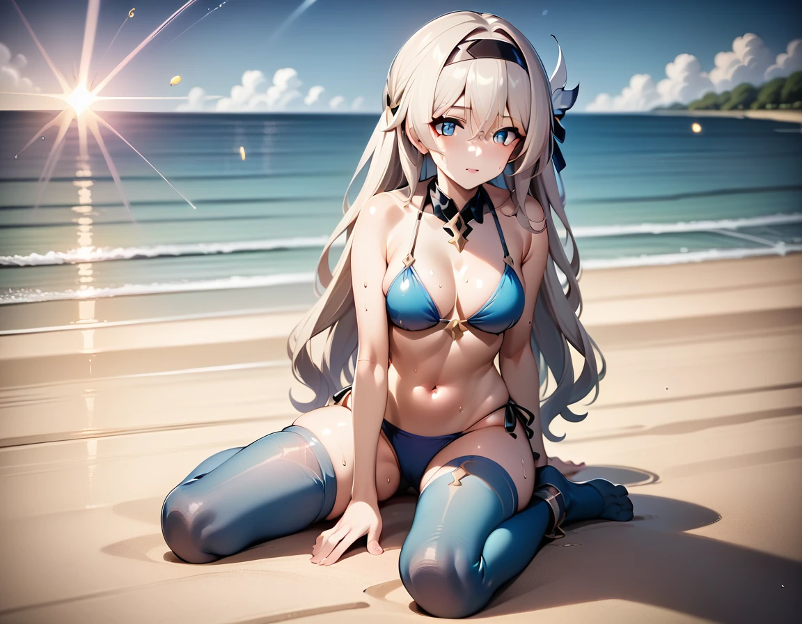 (masterpiece:1.2), (best quality:1.2), newest, intricate details, ai-generated, (anime coloring:1.1) highres, Masterpiece, Ultra-detailed, 1girl, solo, firefly (honkai: star rail), sweat, beach, bikini, medium breast, sexy pose, blue thighhighs ,Perfect Hands,