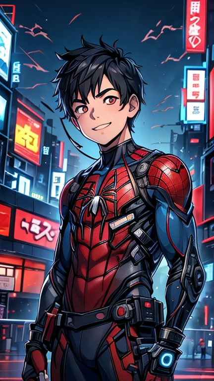 (8k),(masterpiece),(Japanese),(-yeld bo((innocent look)),((Childish)),From the front,smile,cute,Innocent,Kind eyes,Flat chest, Spider-Man,Short,Hair blowing in the wind,Black Hair,Strong wind,night,dark, Neon light cyberpunk city