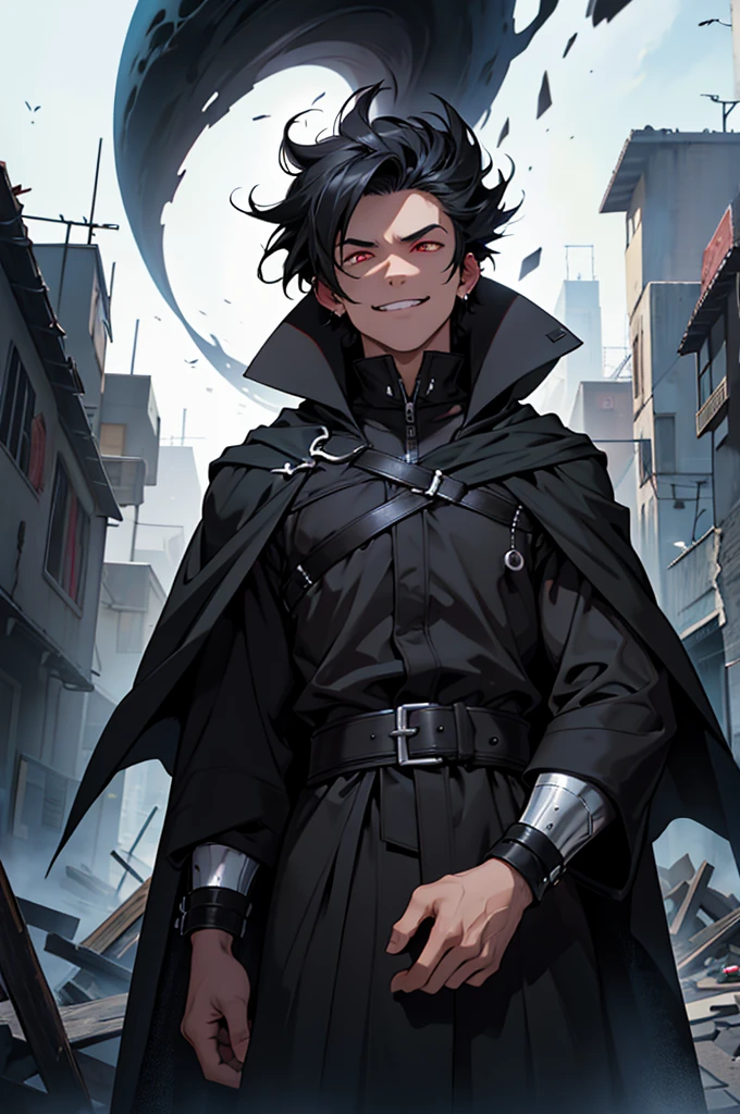 (Absurd, High resolution, Ultra-detailed), masterpiece, Highest quality, A man wearing black clothes and a black cloak, Has a black hole ,Holding a black hole in hand , 公式characterアート, short hair, Black Hair, Black red glowing eyes, Finely grained, Spiky Hair, City in Ruins, Dark Background, Black Swirl, Black swirl, Looking up from below, Looking up, Grin, character