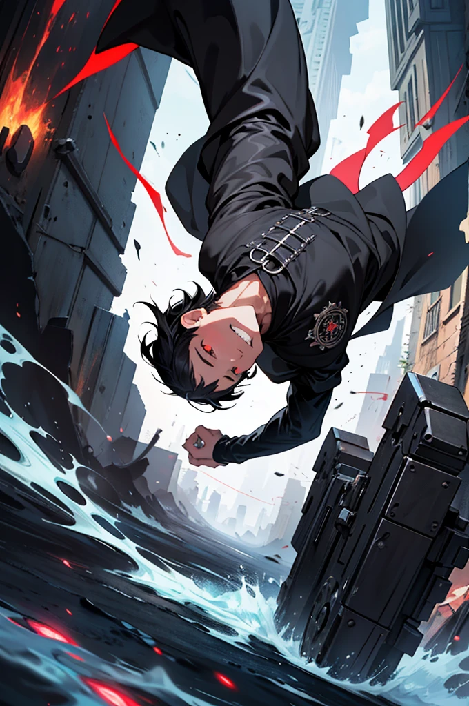 (Absurd, High resolution, Ultra-detailed), masterpiece, Highest quality, A man wearing black clothes and a black cloak, Has a black hole ,Holding a black hole in hand , 公式characterアート, short hair, Black Hair, Black red glowing eyes, Finely grained, Spiky Hair, City in Ruins, Dark Background, Black Swirl, Black swirl, Looking up from below, Looking up, Grin, character