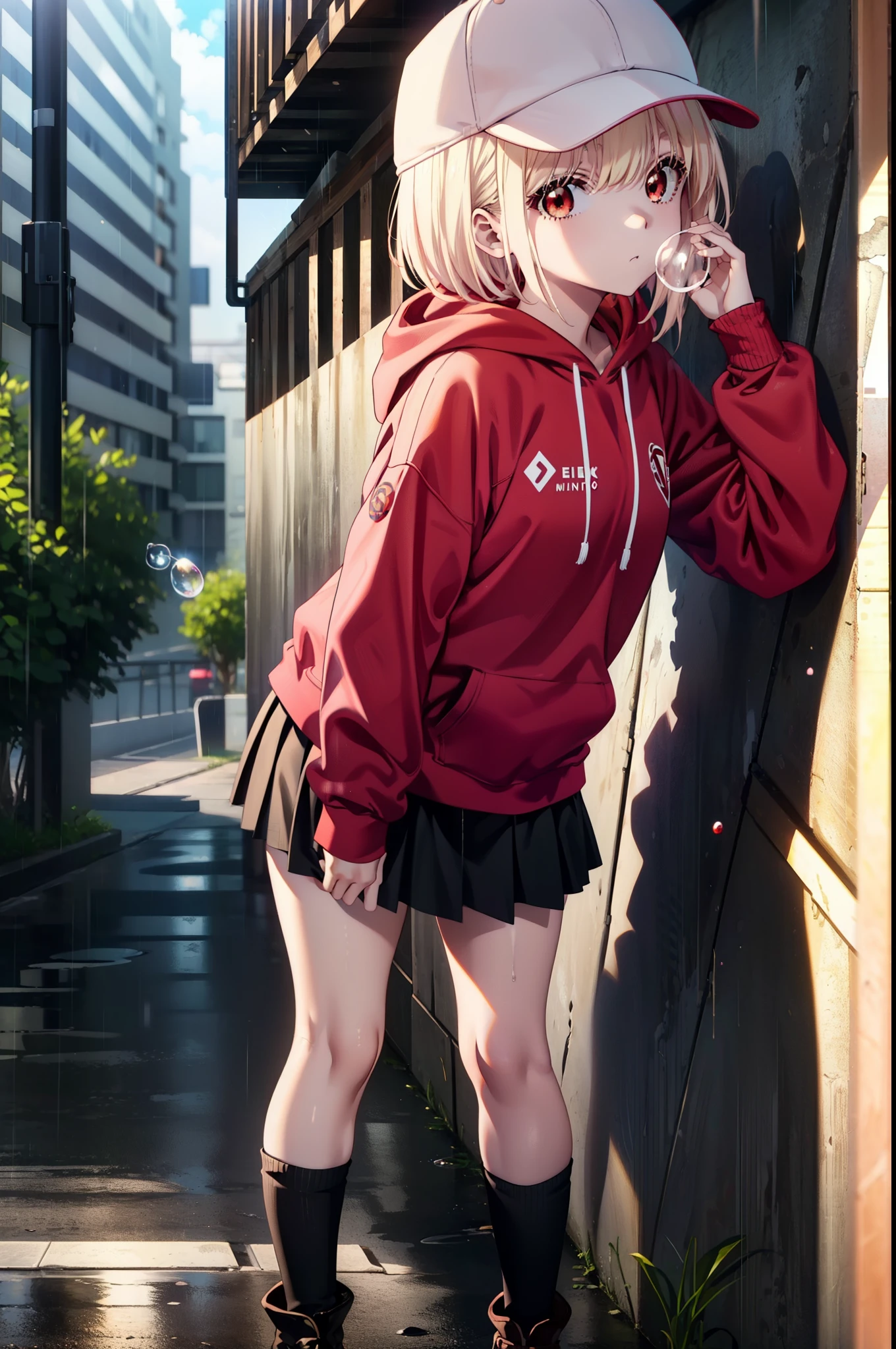 , Chisato Nishikigi, length, bangs, blonde, (Red eyes:1.5), Baseball cap,Oversized red hoodie,mini skirt,Black knee socks,short boots,Standing leaning against a wall,rain,cloudy,Hide under the roof,whole bodyがイラストに入るように,Blowing bubble gum,
break outdoors, alley,
break looking at viewer, whole body,
break (masterpiece:1.2), Highest quality, High resolution, unity 8k wallpaper, (shape:0.8), (Beautiful attention to detail:1.6), extレムely detailed face, Perfect lighting, extレムely detailed CG, (Perfect hands, Perfect Anatomy),