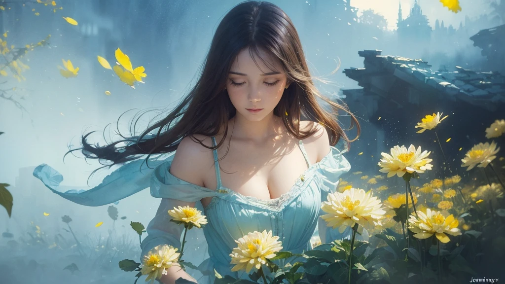 32k, Masterpiece, Highest quality, One girl, Brown Hair, Detailed eyes, flower,Dahlia, Light blue and yellow style,A dreamy, romantic piece,Pale yellow, Mysterious Leaves,A playful arrangement,Fantasy,High Contrast,Ink strokes,explosion,Exposure, Impression of light blue and yellow tones,Abstract,((Watercolours by John Berkey and Jeremy Mann )) Brush strokes,Negative Space, Tyndall effect,