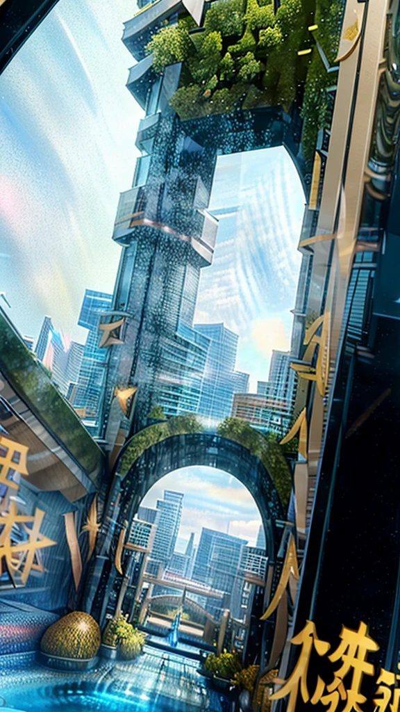 (masterpiece,Highest quality:8K) A fantastical and futuristic hotel scene。Floating Suite、Floor-to-ceiling panoramic windows offer views of the galaxy。The interior is luxurious and modern、Iridescent interior、Elegantly curved furniture。In the center is a large holographic fountain.、A virtual reality garden surrounds the area.。Interactive wall displays in the rooms、Personalized service with AI。The pool has a transparent floor、A magnificent cityscape unfolds below。