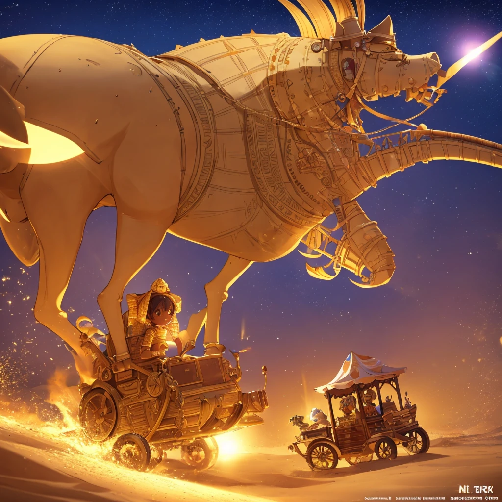 side view, in the Sahara Desert an extremly cute ancient egypt happy mummy, big eyes, is racing on a chariot pulled by a skeleton horse, wind sand, sun positive;

ultra detailed, cartoon, sweet fantasy, 32k, light play, volumetric glowing, Monokubo+Тим Бёртон style fine drawing