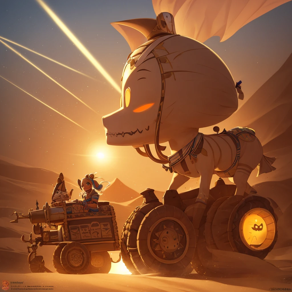 side view, in the Sahara Desert an extremly cute ancient egypt happy mummy, big eyes, is racing on a chariot pulled by a skeleton horse, wind sand, sun positive;

ultra detailed, cartoon, sweet fantasy, 32k, light play, volumetric glowing, Monokubo+Тим Бёртон style fine drawing