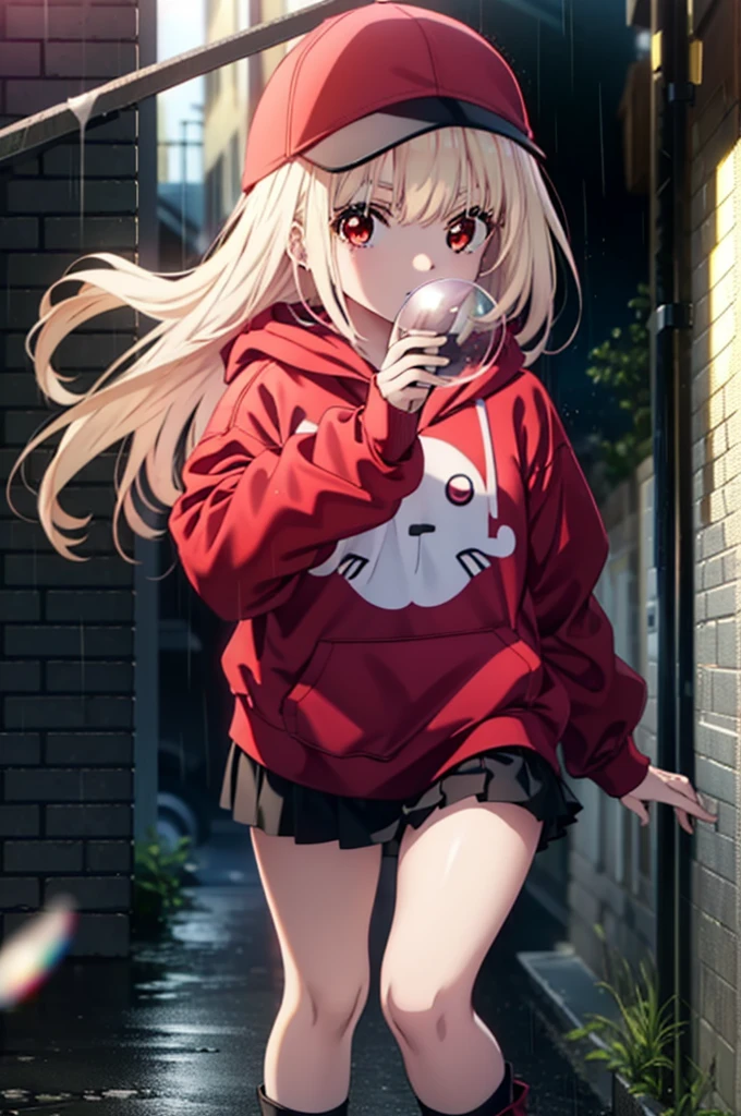 , Chisato Nishikigi, length, bangs, blonde, (Red eyes:1.5), Baseball cap,Oversized red hoodie,mini skirt,Black knee socks,short boots,Standing leaning against a wall,rain,cloudy,Hide under the roof,whole bodyがイラストに入るように,Blowing bubble gum,
break outdoors, alley,
break looking at viewer, whole body,
break (masterpiece:1.2), Highest quality, High resolution, unity 8k wallpaper, (shape:0.8), (Beautiful attention to detail:1.6), extレムely detailed face, Perfect lighting, extレムely detailed CG, (Perfect hands, Perfect Anatomy),