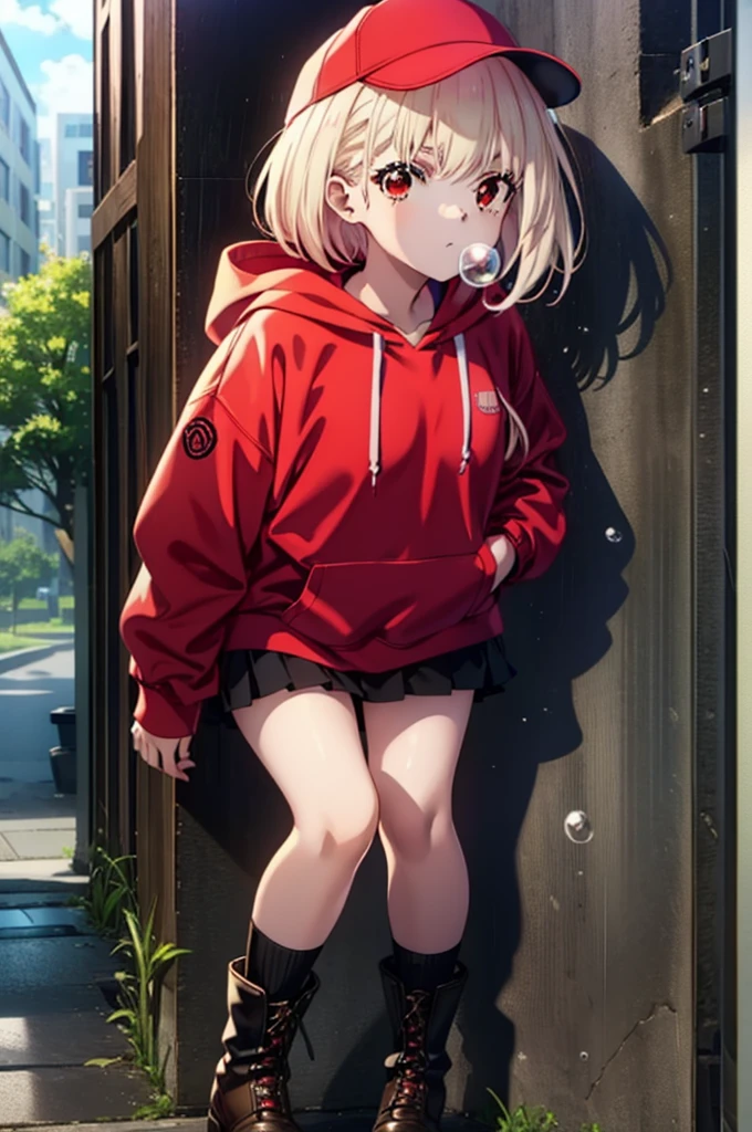 , Chisato Nishikigi, length, bangs, blonde, (Red eyes:1.5), Baseball cap,Oversized red hoodie,mini skirt,Black knee socks,short boots,Standing leaning against a wall,rain,cloudy,Hide under the roof,whole bodyがイラストに入るように,Blowing bubble gum,
break outdoors, alley,
break looking at viewer, whole body,
break (masterpiece:1.2), Highest quality, High resolution, unity 8k wallpaper, (shape:0.8), (Beautiful attention to detail:1.6), extレムely detailed face, Perfect lighting, extレムely detailed CG, (Perfect hands, Perfect Anatomy),