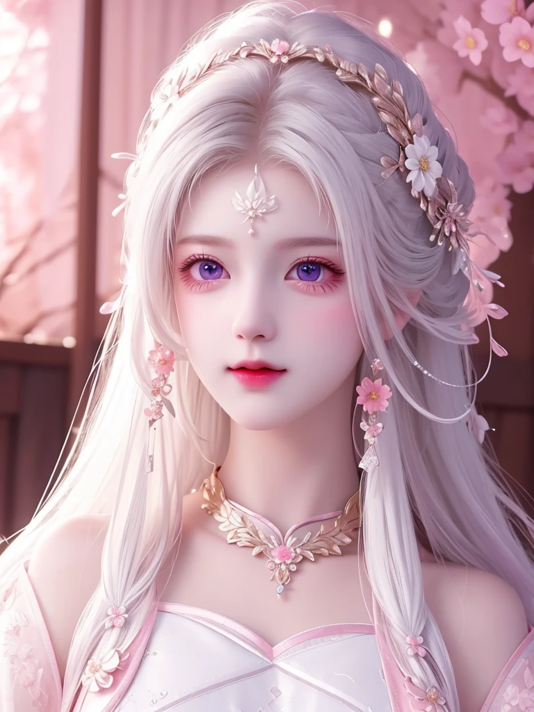 best quality, masterpiece, High target, There is a girl with a basket of flowers on her head, Big breast beauty，Very sexy，beautiful clothes, Hair Decorationss, necklace, Decorations, Pretty Face, When the body, Tyndall effect, Realistic Portraits, Edge lighting, Two-color light, (Very delicate skin:1.2), 8K uhd, Digital SLR Camera, Soft Light, high quality, Volumetric Lighting, Honest, photo, high resolution, 4K, 8K, Bokeh, Pure white hair，Pink Eyes.