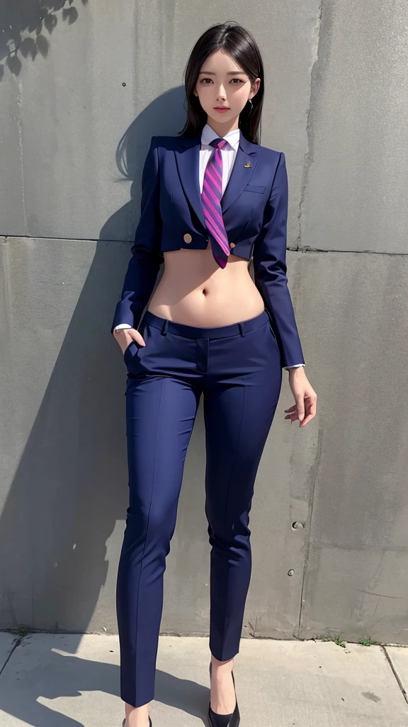 Woman in professional crop top, suit, trousers, Walk to work, Show your belly, Realistic navel shape, necktie, knot