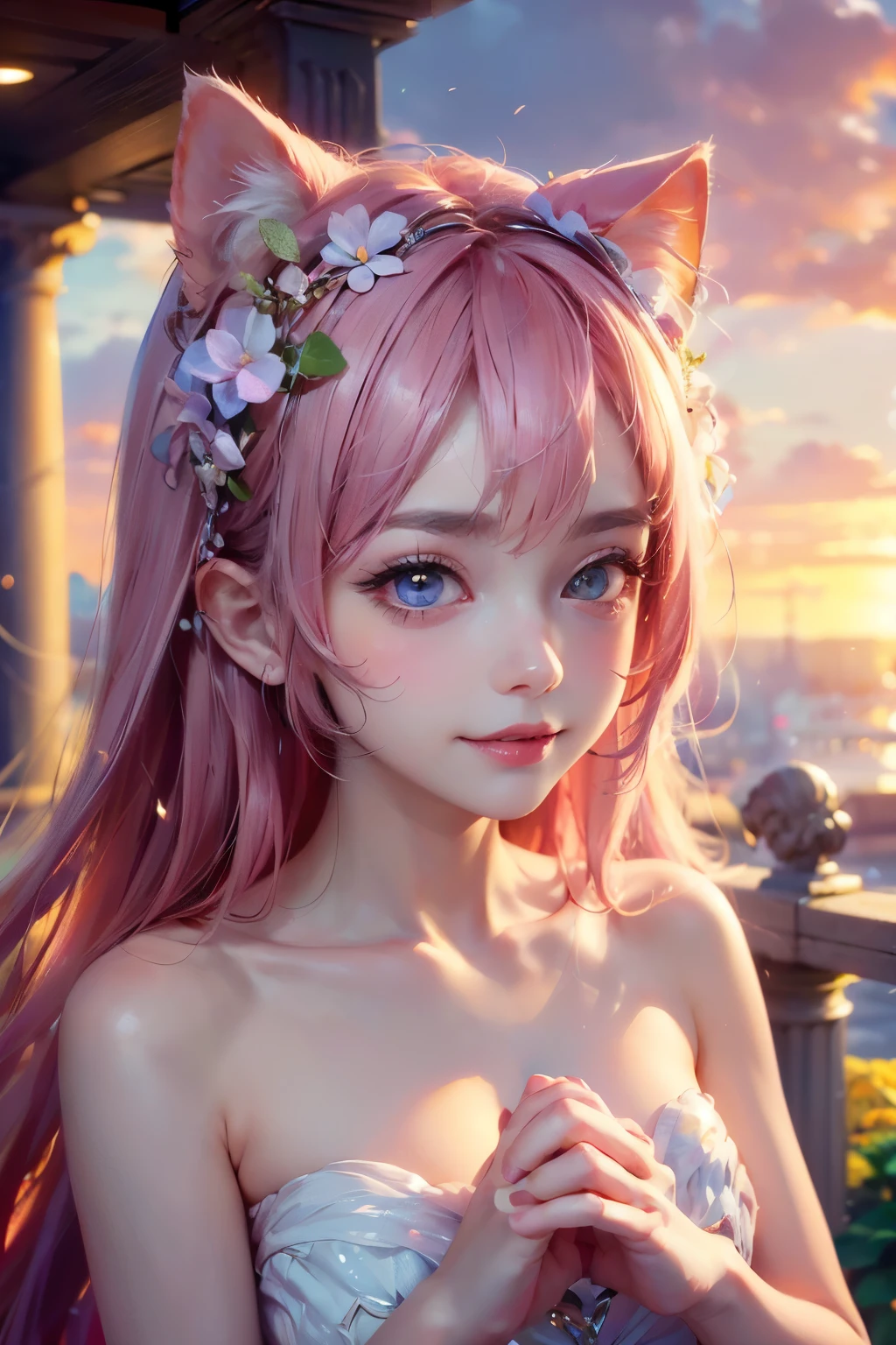 ((Highest quality)), ((masterpiece)), (detailed), 8K, High Resolution,One girl, Pink Hair, Perfect Eyes, Goddess of Athena, I'm praying, Hands together, (have confidence:1.5), (Facing forward:1.5), (Be confident:1.4), Hydrangea on background, smile, Pink Dress, Cat ear, (Angel's wing:1.2), big eyes, (The body also faces forward:1.4), The light is on my face