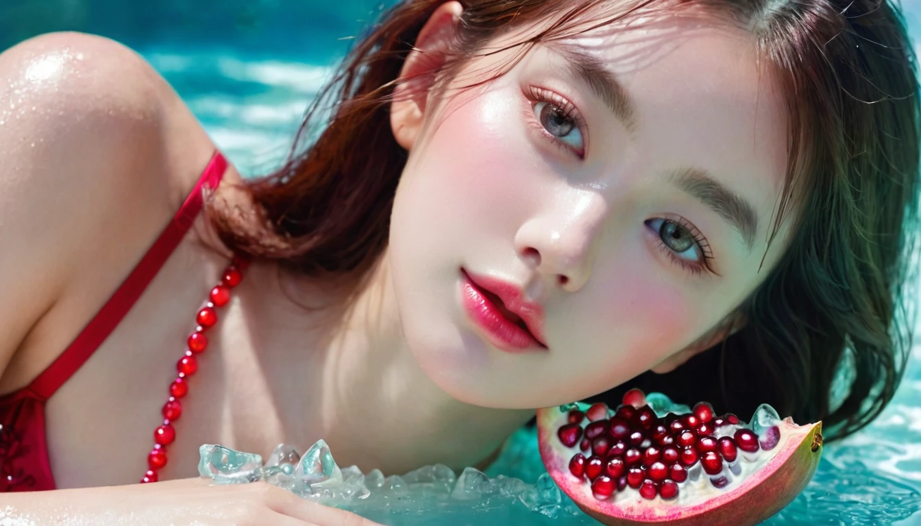 Summer Pomegranate Girl,Dopamine age, Cool summer days,Ice cubes,The watery girl,Delicate skin,Hydration,Shiny,Shiny,dream,Front view,bust,pearl,Pomegranate fruit