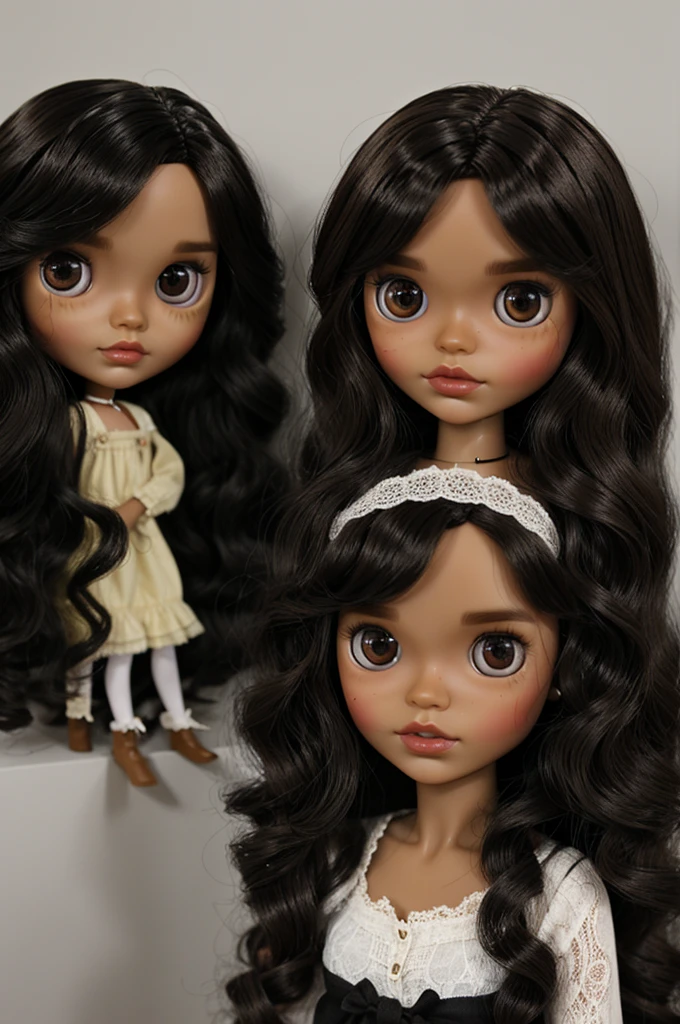 brown skin blythe doll, black eyes, short wavy black hair with bangs