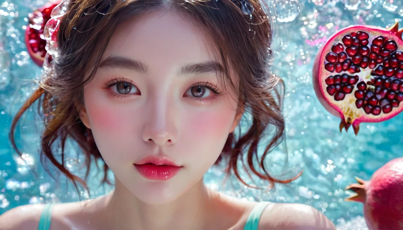 Summer Pomegranate Girl，Dopamine teenage， Cool summer days，Ice cubes，The watery girl，Delicate skin，Hydration，Shiny，Shiny，dream，Front view，bust，pearl，Pomegranate fruit