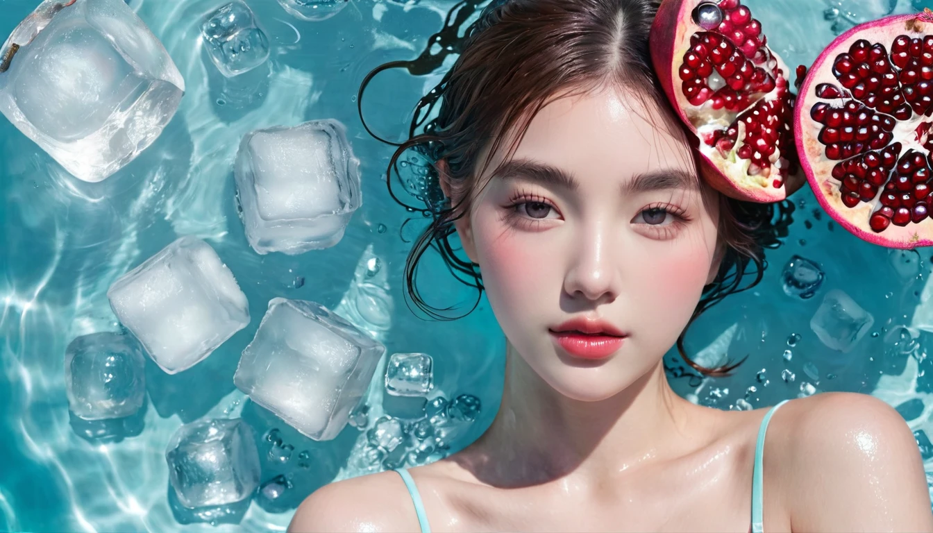 Summer Pomegranate Girl,Dopamine age, Cool summer days,Ice cubes,The watery girl,Delicate skin,Hydration,Shiny,Shiny,dream,Front view,bust,pearl,Pomegranate fruit