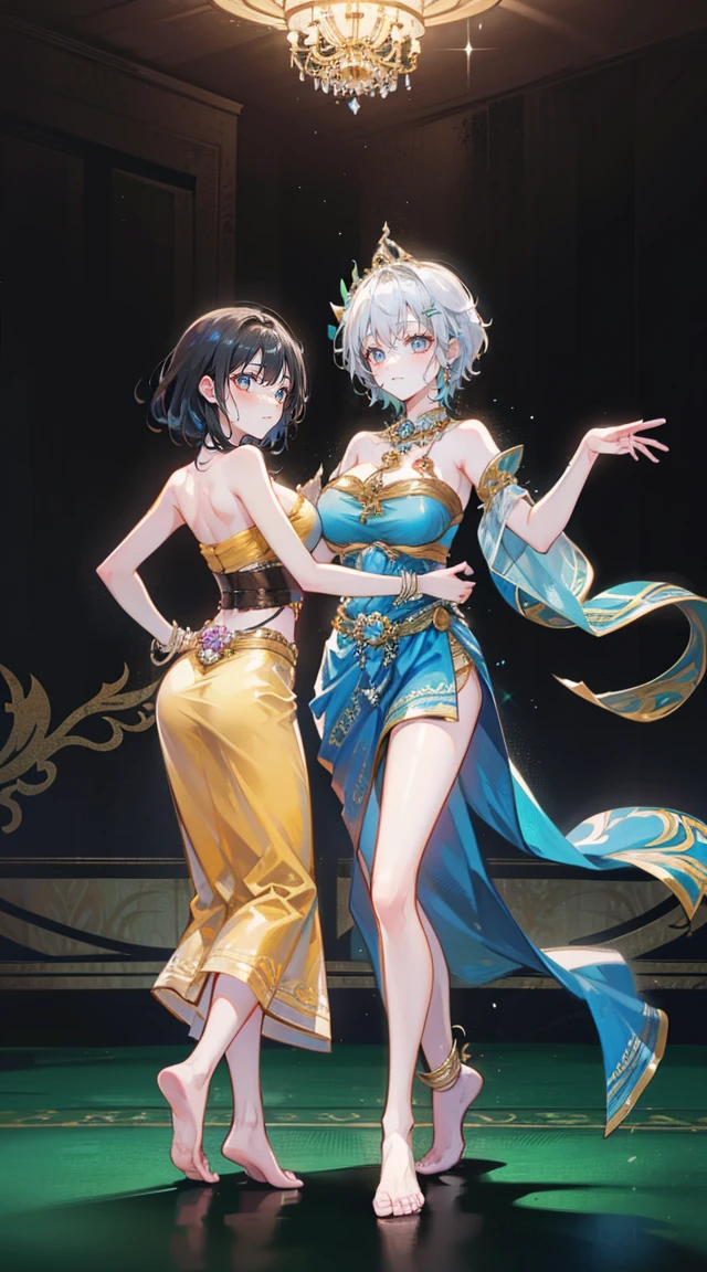 (2 young women ,beautiful woman),smile,(light green short hair),nobility,(princess),blue student,Tall figure,((Strapless Thai dress)),low skirt,(Strapless Thai dressที่ไม่ทีสาย),lolita skirt,Show your legs,Barefoot,red carpet,prom website,(nobility),(big tits),(Various poses),Highest quality、Highest picture quality、Masterpiece,, ,(((Umbilical drive,dance,dance,Thai dance)))