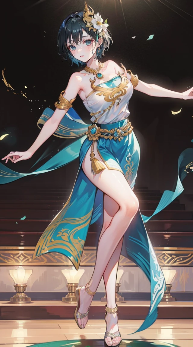(2 young women ,beautiful woman)，smile，(light green short hair)，nobility，(princess)，blue student，Tall figure，((Strapless Thai dress))，low skirt，(Strapless Thai dressที่ไม่ทีสาย)，lolita skirt，Show your legs，Barefoot，red carpet，prom website，(nobility)，(big tits),(Various poses),Highest quality、Highest picture quality、Masterpiece,, ,(((Umbilical drive,dance,dance,Thai dance)))
