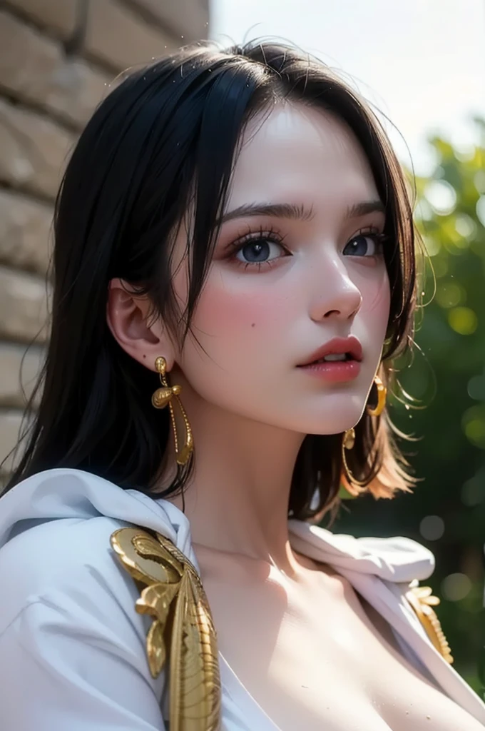 (masterpiece), (best quality), (Practical), Nikon RAW photos, Fuji XT3,  (detailed, 21-year-old young female captain, big eyes, Gold Snake Earrings, Look away), Sensual, (ultra detailed), 8K, 4K, complicated, Predominant_Body, detailed_Face, Optimal lighting, outdoor, cosmetic, Bleached background, Lower,(masterpiece, best quality:1.4), (Face focus:1.5), External, (Close to the sea), 1 girl, solitary, Hancock 1, 1 girl, Boya Hancock, Large Breasts, Clive Arch, Long hair, Epaulettes, cape, (white cape:1), Top of crop, Long sleeve, Side slits, (Young women in Europe:1), Looking at the audience, Beautiful Smile, beautiful Face, highly detailed Face, highly detailed eyes, subsurFace scattering, Practical pupils, full Face blush, Full lips, detailed background, Depth of Field, Volumetric Lighting, Be focused, absurd, Practical proportions, (Practical, hyperPractical:1.4), 16k High Dynamic Range
